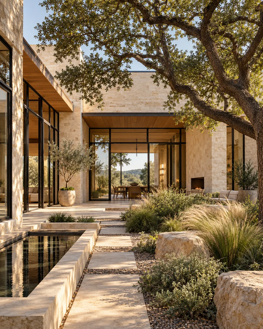 Sunlit limestone courtyard and contemporary residential architecture — concept visualization